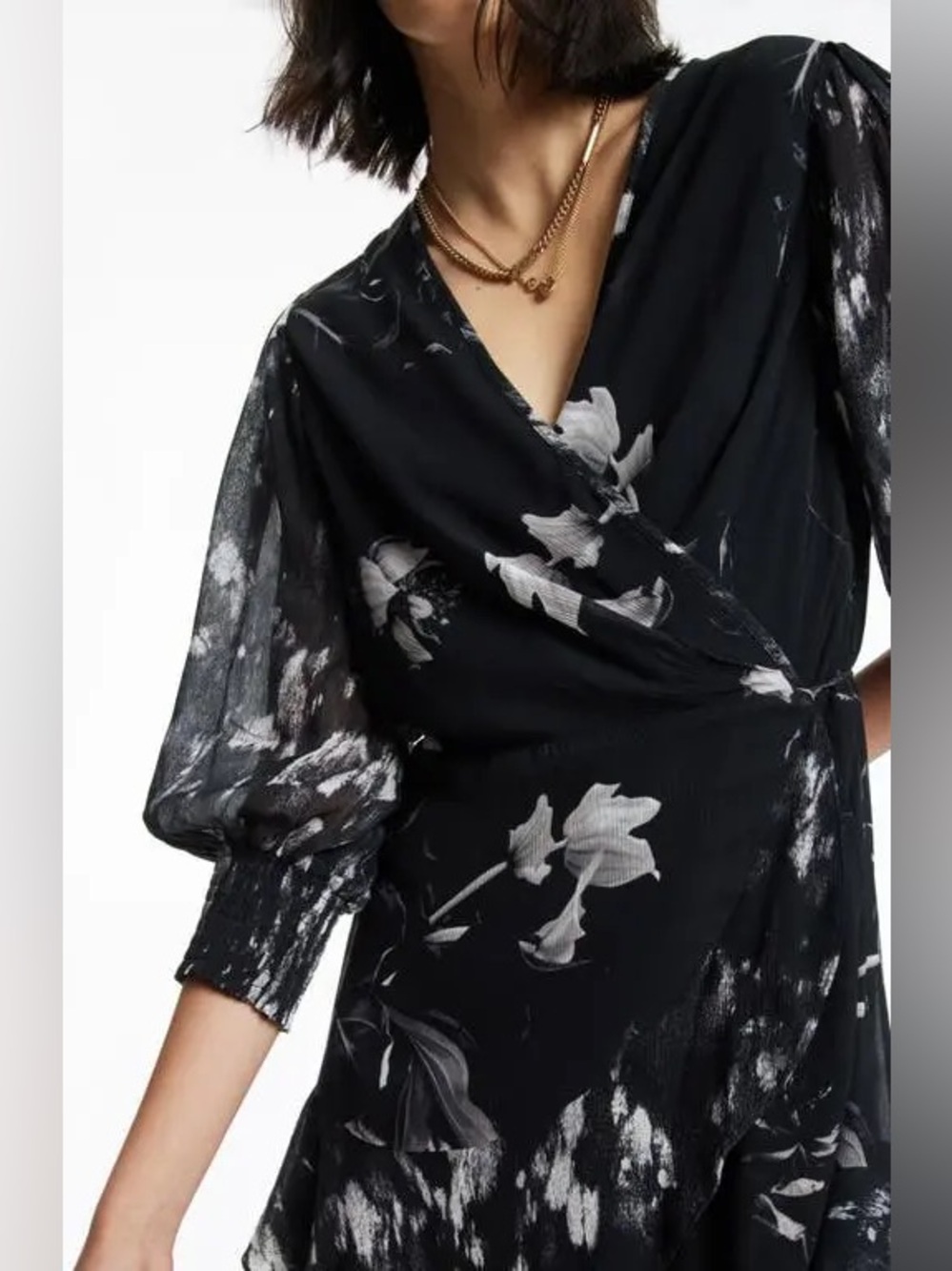 AllSaints Ari Pauline Floral Faux Wrap Chiffon Mini Dress Black Grey 10 - Picture 4 of 16